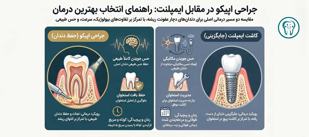 مقایسه مسیرهای درمانی: جراحی اپیکو در مقابل ایمپلنت